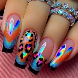 Leopard Press on Nails Long Leng Ballet Shaped Black French Tip Acrylic Fake Nail Colorful Leopard Pattern Design Flash Artificial Fingernails Full Cover Glossy Press Ons Glue on Nails for Women