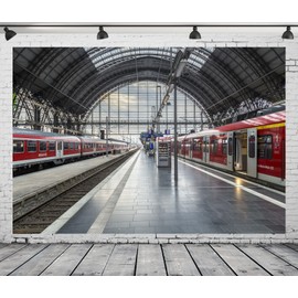 BELECO 2.1x1.5m Fabric Train Station Backdrop Train Platform Railroad Track Arched Architecture Background Train Theme Party Decorations Kids Adults Artistic Portrait Photoshoot Studio