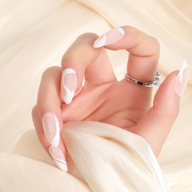 Tejecu French Tip Press On Nails Almond White Tip Press on Nails Medium False Nails for Party Reusable Stick On Nails in 12 Sizes And 24pcs Fake Nails set