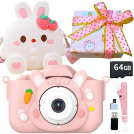 [Gift Wrapping Available] [64GB Included Pouch Set] Rabbit Kids Camera Toy for Kids, Domestic Support, 48 Megapixels, 1080P HD, Japanese Instruction Manual, Game Function, Christmas Present, Girl
