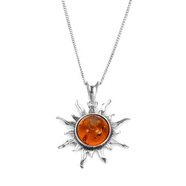 Sterling Silver & Baltic Amber Flaming Sun Pendant on Chain/Necklace - Chain 20"
