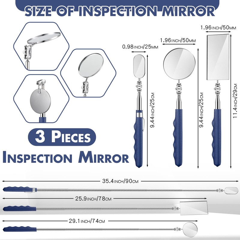 Copkim 3 Pieces Telescoping Inspection Mirror Stainless Steel Extendable Mechanic