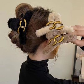 Stylish Autumn & Winter Plush Large Hair Claw Clip for Back of Head Ponytail One Size / 2 White 20ea