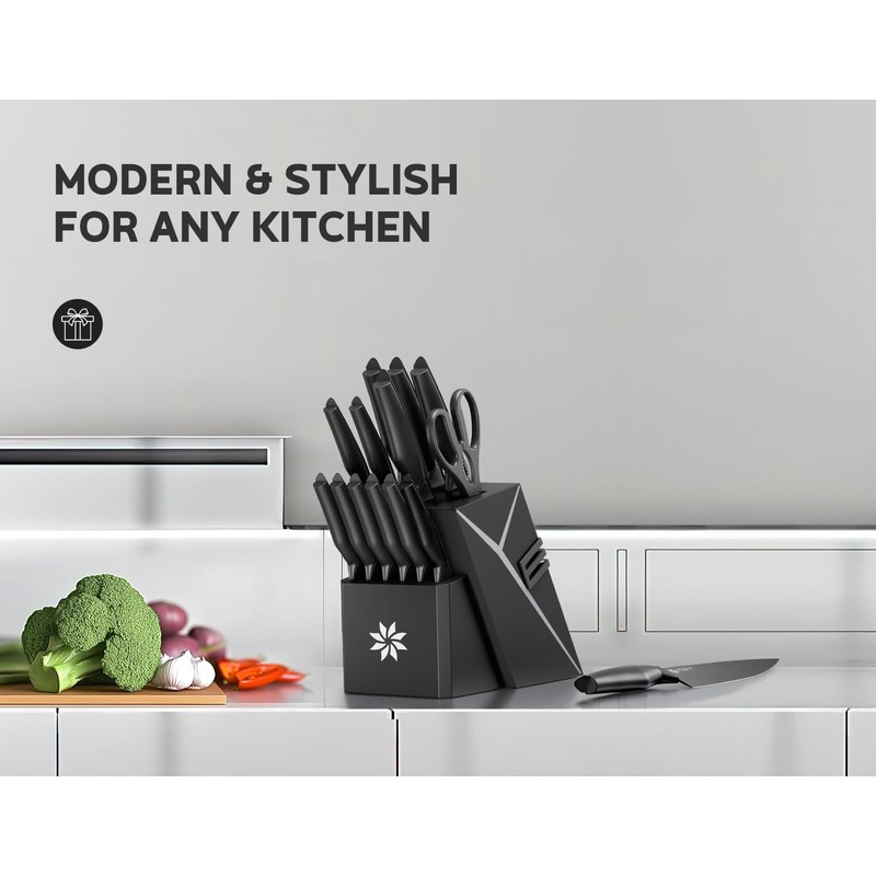 Kitchen Knife Sets with Block -15 PCS Knife Set with
