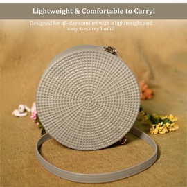 Girls Round Charm Crossbody Bag - Rattan Inspired Woven Style Detachable Adjustable Strap Zip Top Closure 3D Charms - Perfect for Summer Shopping Picnics Casual Outings (Beige)