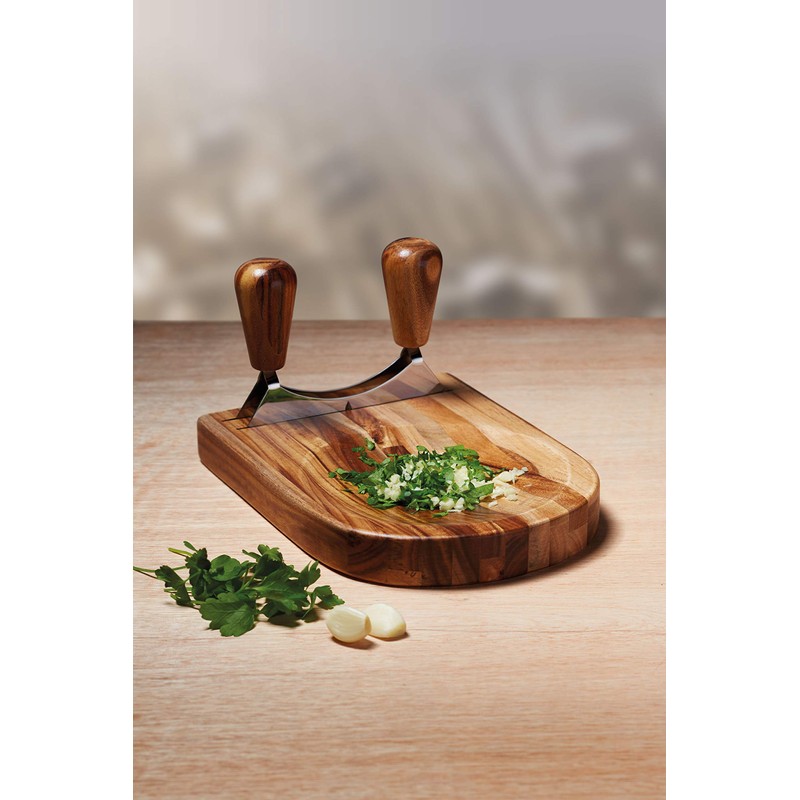 Natural Elements Double Mezzaluna Chopper with Wooden Herb Chopping Board,