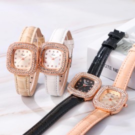 JewelryWe Watches Women's Leather Rectangular Elegant Glitter Rhinestone Analogue Quartz Wrist Watch Women Casual Watch with Rectangular Roman Numerals Dial and Leather Strap, Swivels - 4 pieces,