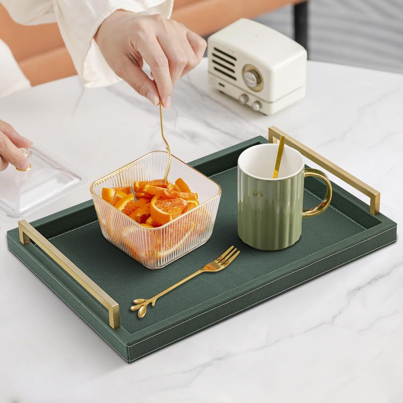 XIGEXIGE Green Decorative Serving Tray,Rectangular Tray for Coffee Table,Faux Leather