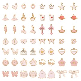 Magibeads 112Pcs Pink Enamel Charms for Purse Junk Case Bowknot Crown Swan Swan Butterfly Star Cross Flower Ghost Alloy Cute Earring Charms for Crafts DIY Keychain Jewelry Making Supplies