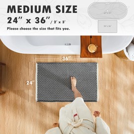 TYUU Boho Non Slip Bath Mat, Super Absorbent Quick Dry Washable Farmhouse Mat for Bathroom, Dark Grey and White, 36"x24" with Non Slip Rug Pad