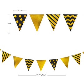 39Ft Black Gold Triangle Pennant Banner Metallic Foil Polka Dot Stripe Paper Flag Bunting Garland Streamer for Birthday Anniversary Graduation Wedding Bridal Baby Shower Hen Party Decorations Supplies