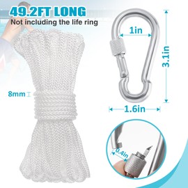 Water Floating Lifesaving Rope 49.2FT- Professional Throwing Rope Line with Hook Withstand 440lb for Ring Buoy- Water Life Rope Rescue Lifeguard Rescue Lifeline for Swimming Preserver Boat Anchor Rope