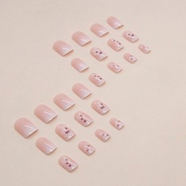 24 Pcs Press on Nails Fake Nails White French Tip Press on Nails Short with Flower Pattern Artificial Finger Manicure for Women and Girls