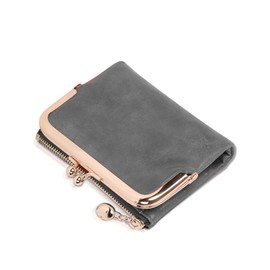 Fililogor Women's Leather Wallets Bifold Wallet Retro Credit Card Holder Compact Purse with Zipper Kiss Lock for Women, Grey, Minimalist