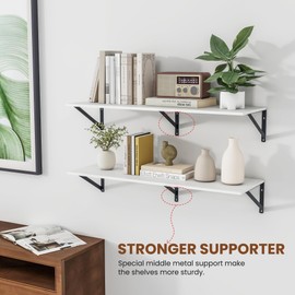 Heimlove White Deep Floating Shelves for Wall, 36W x 12D Wood Wall Shelves Set of 2, Wide Floating Bookshelf for Living Room, Kitchen, Office, Bedroom and Decor Storage, with Black Bracket - White