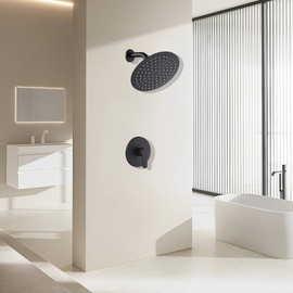 Matte Black Shower Faucet GGStudy Single Function Shower Trim Kit with Rough-in Valve Shower Set Bath Rainfall Shower Faucet System 8inch Round Stainless Steel Metal Shower Head