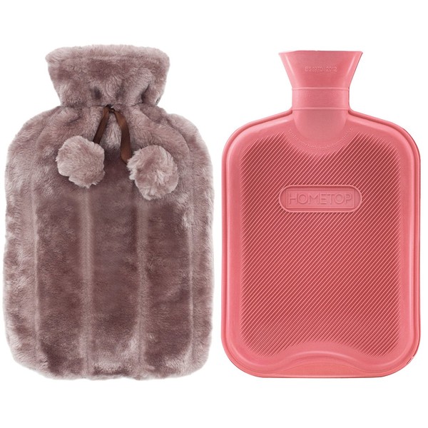 HomeTop Premium Classic Rubber Hot Water Bottle and Luxurious Faux Fur Plush Fleece Cover w/Pom Pom Decor (Beige)