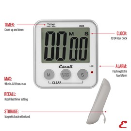 Escali Extra Large Display Digital Kitchen Timer with Clock Mode, Recall Timer Magnetic Back