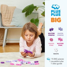 PLUS PLUS Big – 15 Piece Glitter Mix – Construction Building Stem/Steam Toy, Interlocking Large Puzzle Blocks for Toddlers and Preschool, Open Play Tube