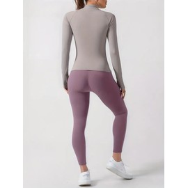 ZiaWorld 4pcs Women Yoga Wear Workout Set with Zipper Long Sleeve Jacket Fitness Yoga Leggings Short Sleeves Top for Running Fitness Seamless Tracksuit (Purple, M)