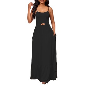 Womens Flowy Simple Tiered Maxi Dress Spaghetti Straps Backless Vacations Beach Elegant with Pockets Black Small