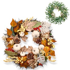 2PACK Wreaths for Front Door Porch Fall Wreath with Pumpkin Berries and Spring Eucalyptus Wreath for Indoor Outdoor Decor for Autumn Harvest Thanksgiving Holiday Celebrations