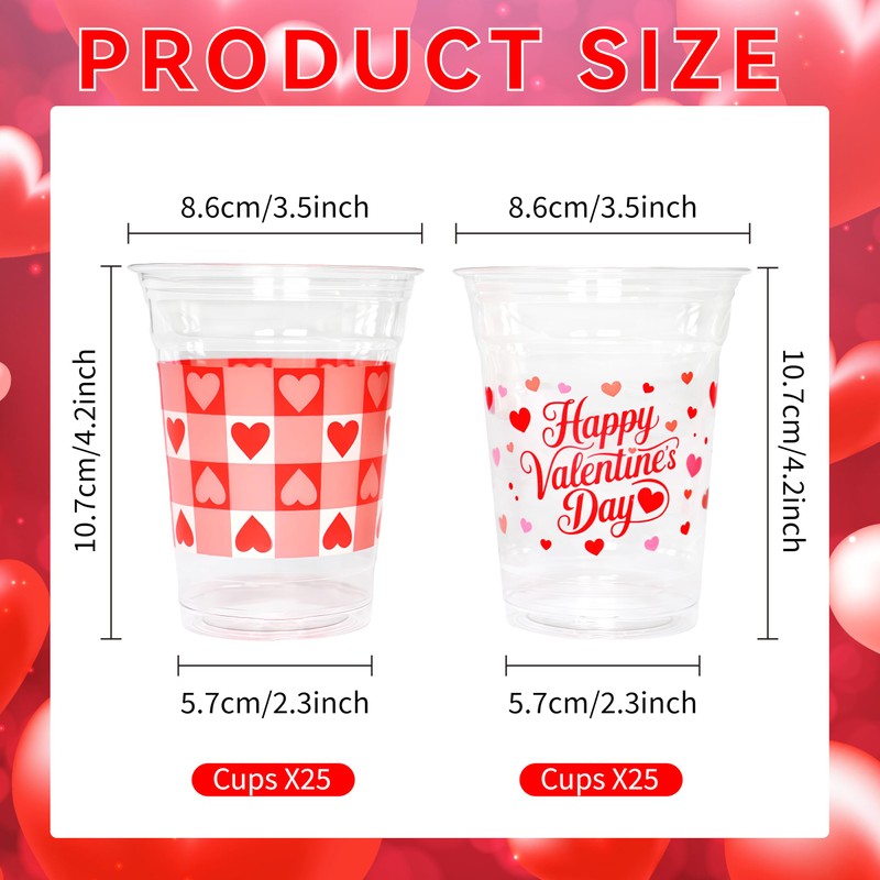 YISKUOPU 50Pcs Valentines Plastic Cups, 12oz Red Pink Valentines Day