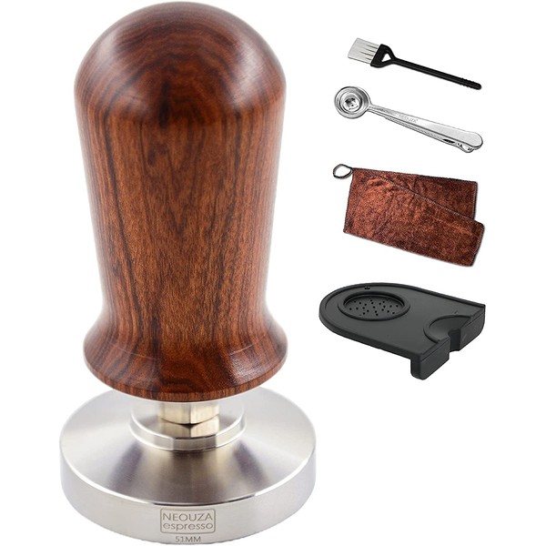 NEOUZA Calibrated Espresso 51mm Coffee Tamper Professional Press Hammer - Compatible with Delonghi Swan Smeg 304 Stainless Steel Flat Base with Spring Loaded Premium Wooden Handle