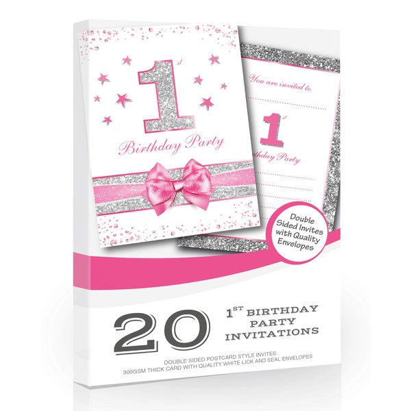 Olivia Samuel 20 x First Birthday Party Invitations - Baby Girl Pink Sparkly Design and Photo Effect Silver Glitter - A6 Postcard Size with envelopes