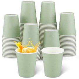 NatNarr Pack of 100 sage green paper cups, 260 ml paper cups, party cups, paper cups, disposable cups for birthday, holiday, wedding
