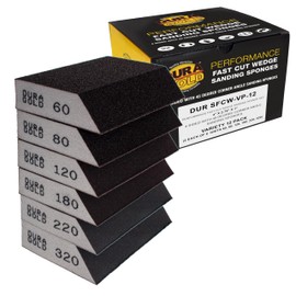 Dura-Gold 4-Sided Hand Sanding Block Sponges with Angled Edge, Variety Pack, Box of 12, Grits 60, 80, 120, 180, 220, 320-3.9" x 2.75" x 1" Wet or Dry Flexible Sandpaper Sand Wood Drywall Metal Paint