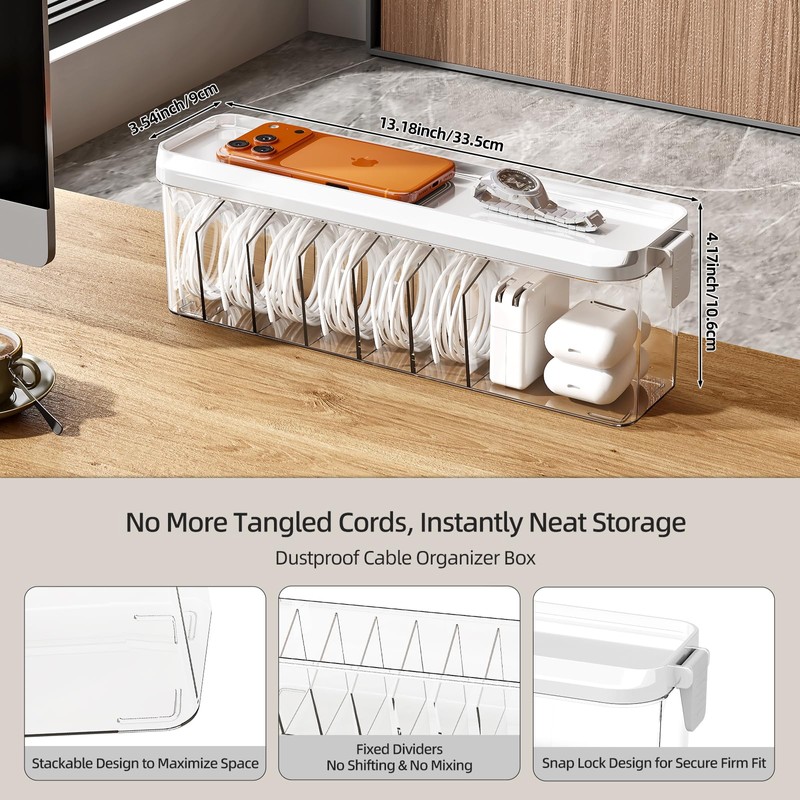 MSHOMELY 2 Pack Cable Organizer Box with Lid, Charge Cord