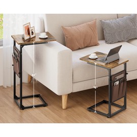 Vagusicc C Shaped End Table, 33"Tall Side Table for Couch, Adjustable Height Sofa Table Small Couch Side Tables, Slide Under Recliner TV Tray Arm Tables with Metal Frame for Living Room,Bedroom,Brown