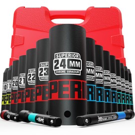 Aiourx 18 Piece 1/2" Drive Impact Socket Set, 10 mm - 24 mm Deep Socket, with Extension Bars:3-inch, 5-inch, 10-inch, Metric, 6-Point, CR-V Steel, Automotive Maintenance, Machinery Manufacturing