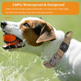 Xqpetlihai Tactical Dog Collar with Airtag Holder Waterproof Airtag Dog Collar with Control Handle and Metal Buckle Adjustable Heavy Duty Dog Collar for Dog Training(BrownXL