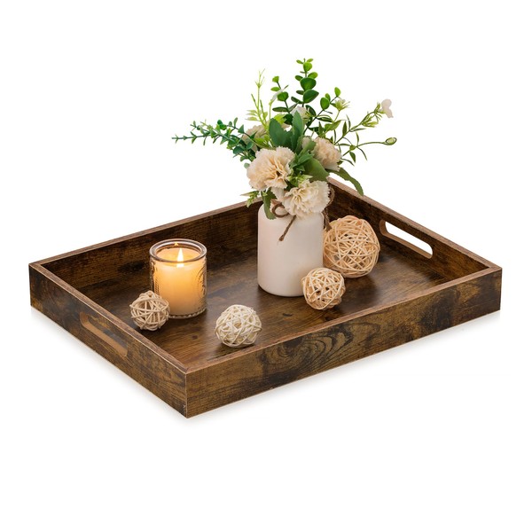 Serving Trays with Handles Decorative: Hanobe Rustic Brown Rectangle Tray Decor with Cutout Handles for Coffee Table Ottoman Living Room Kitchen Home Decor
