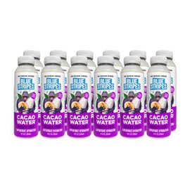 Blue Stripes Cacao Water - Cold Pressed Superfruit Hydration with Electrolytes & Antioxidants, No Sugar Added, All Natural, Great for Protein Shakes & Smoothies - Passion Fruit, 12 Pack