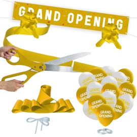 Grand Opening Gold Ribbon Cutting Ceremony Kit - 25" Giant Scissors with gold Satin Ribbon, Banner, Balloons,Bows and More Supplies Grand Opening Decorations for Business