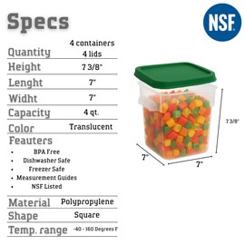 uVeans 4-pack Translucent Food Storage Containers with Green Lids – 4 Qt Square BPA-Free Polypropylene – Commercial Grade, Stackable & Dishwasher Safe – Ideal for Restaurant or Kitchen Use