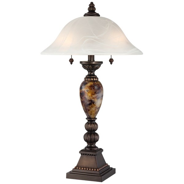 kathy ireland Mulholland Traditional Vintage Table Lamp 27" Tall Aged Bronze Faux Marble White Alabaster Glass Dome Shade for Living Room Bedroom House Bedside Nightstand Home Office Family