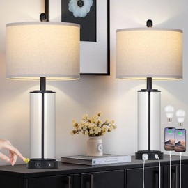 26" Black Glass Table Lamps Set of 2, 3-Way Dimmable Touch Control Glass Lamps for Living Room, Modern Bedroom Lamp with USB C+A Ports & Outlet, Classic Bedside Lamp for Nightstand Side End Decoration