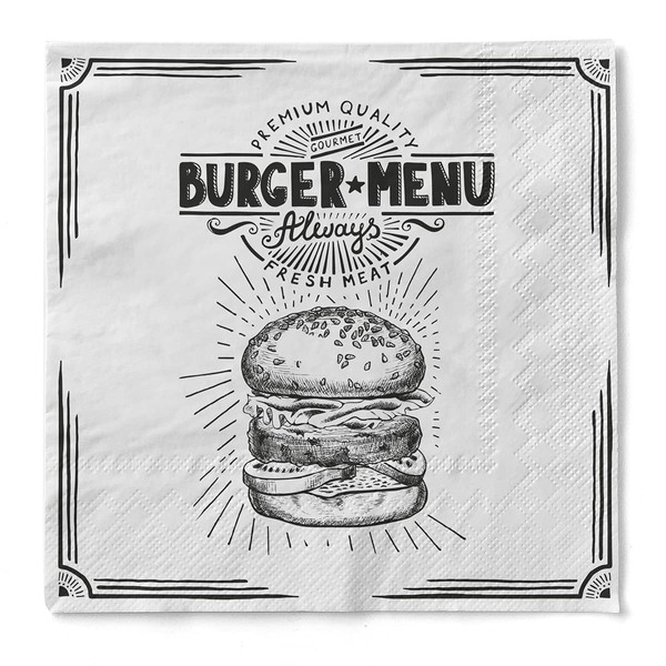 Tissue Napkins 33 x 33 cm | Premium Disposable Napkin | Absorbent | Perfect for Burgers & More | Pack of 100 | Burger Menu in Black