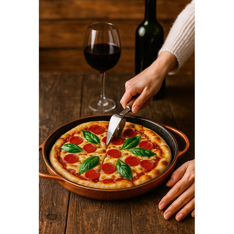 Cookstone 12" deep dish pizza pan with copper handles |