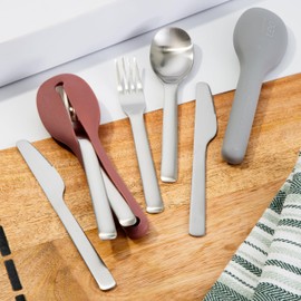 BergHOFF Leo 18/10 Stainless Steel 4Pc Reusable Travel Flatware Set Knife Spoon Fork Sleeve with Silicone Sleeve Dishwasher safe, Grey