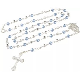 12 x Wholesale Bulk blue & silverFaux Pearl Rosaries for Baptism, Wedding, Memor