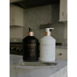 L'AVANT Collective Deluxe Dish & Hand Soap Duo & Elegant Lucite Tray - High Performing, Fresh Linen Scent Luxurious Glass Bottles with Plant-Based Formulas Kitchen Essentials Hostess Gifts