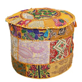 DK Homewares Indian Round Stool Patchwork Embroidered Cotton with Removable Seat Cover Ottoman Footrest | (18x18x13 Inches/45 cm) COVER ONLY