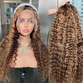 Utrue 30 inch Deep Wave P4/27 Highlight 13x4 HD Transparent Lace Front Wigs Ombre Human Hair Wet and Wavy Curly Glueless Lace Frontal Wigs Pre Plucked with Baby Hair 150% Density