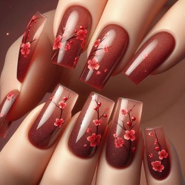 Red Press on Nails Medium Square Fake Nails Flower Stick on Nails Cute Nails Gradient Glue on Nails Glossy Artificial Nails Full Cover Acrylic False Nails Reusable Nails Kit for Women Girls 24Pcs