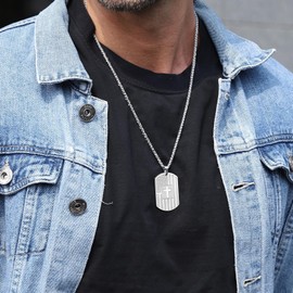 ASOQOLA Dog Tag Cross Necklace for Men, American Flag Stainless Steel Bible Verse Pendant Necklace with 24 Inch Chain, Inspirational Patriotic Jewelry Gift for Men, Silver